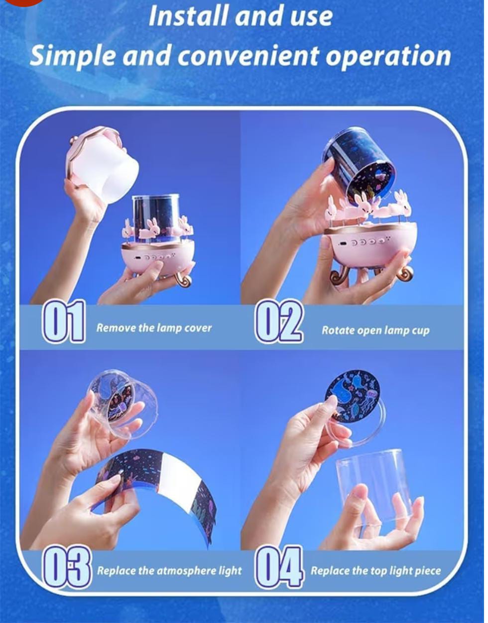 Bunny Night Light Cabin Projector Lamp 360° Rotatable LED Night Lamp for Kids Room Decor, Kids Night Lights for Girls Bedroom 6 Film Shade